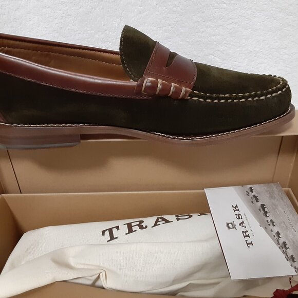 TRASK HUNTER MEN GREEN SUEDE DARK BROWN STEER LEATHER SLIP ON SHOES 11M - Picture 7 of 16